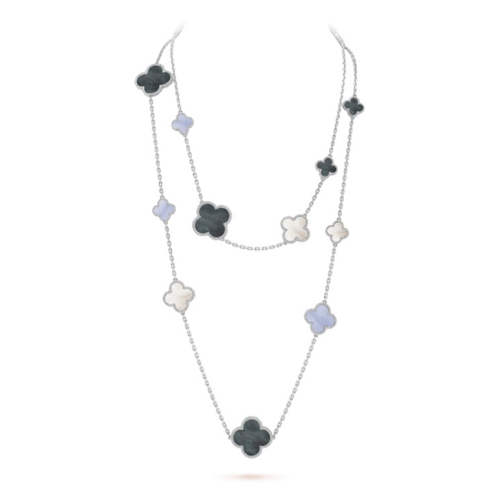 ??MIRA?¡¥CLOVER 16 MOTIF CHALCEDONY MOP SILVER NECKLACE