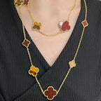 ??MIRA?¡¥CLOVER 16 MOTIF CARNELIAN TIGER EYE ROSE GOLD NECKLACE