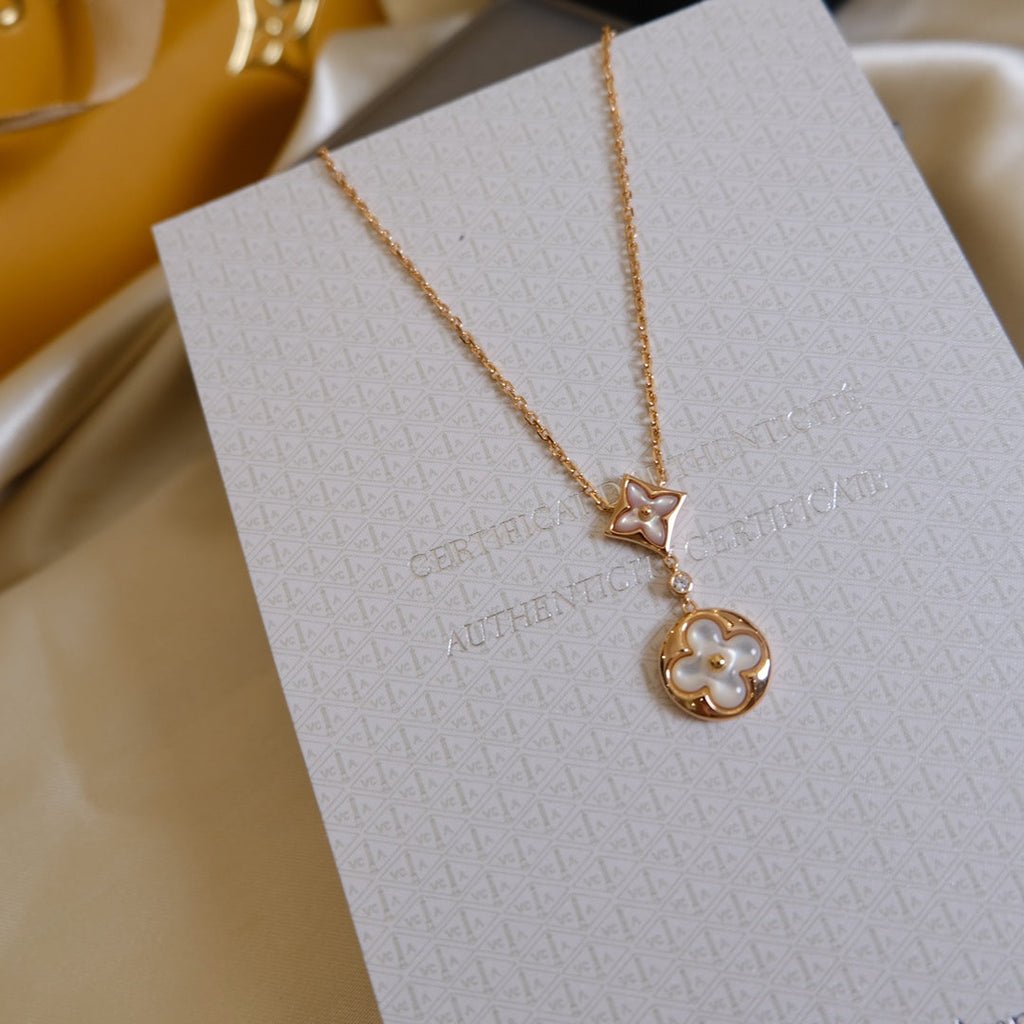 ??MIRA?¡¥STAR AND SUN WHITE MOP 2 MOTIF PINK GOLD NECKLACE